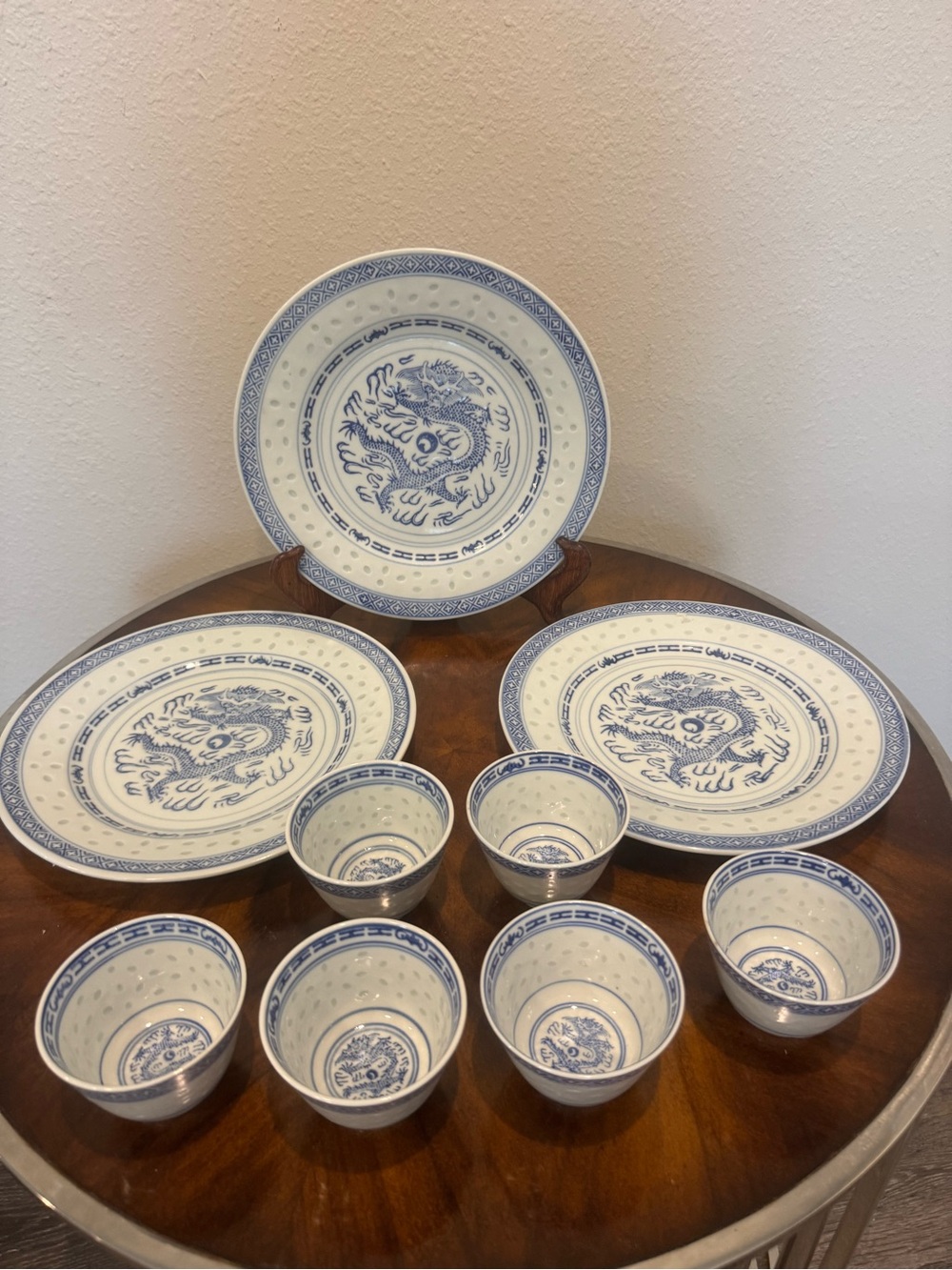 3 Jingdezhen Porcelain Dinner Plates 9” 6 Matching Porcelain Rice Bowls Dragon - Picture 9 of 16